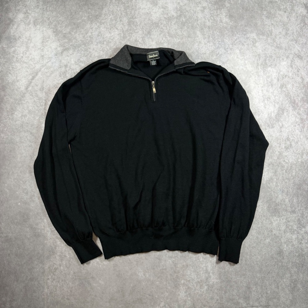 Neiman Marcus Men XL Black Merino Wool Blend Quarter Zip Pullover Sweater Luxury